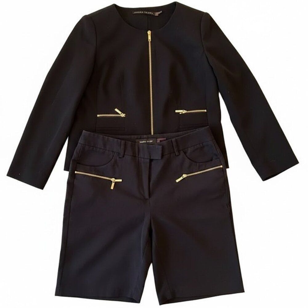 Ivanka Trump Black Suit Set: Zip-Front Jacket (8) Slim Pants (6) - Gold Detail